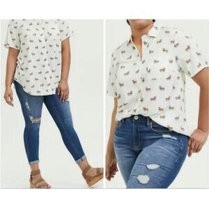 Torrid Challis White Stretch Button Up Corgi Dog Short Sleeve Shirt Blouse 3XL